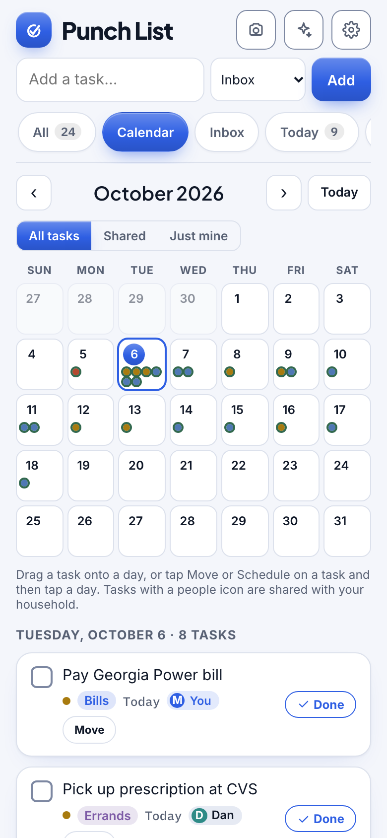 Punch List mobile calendar and task planning