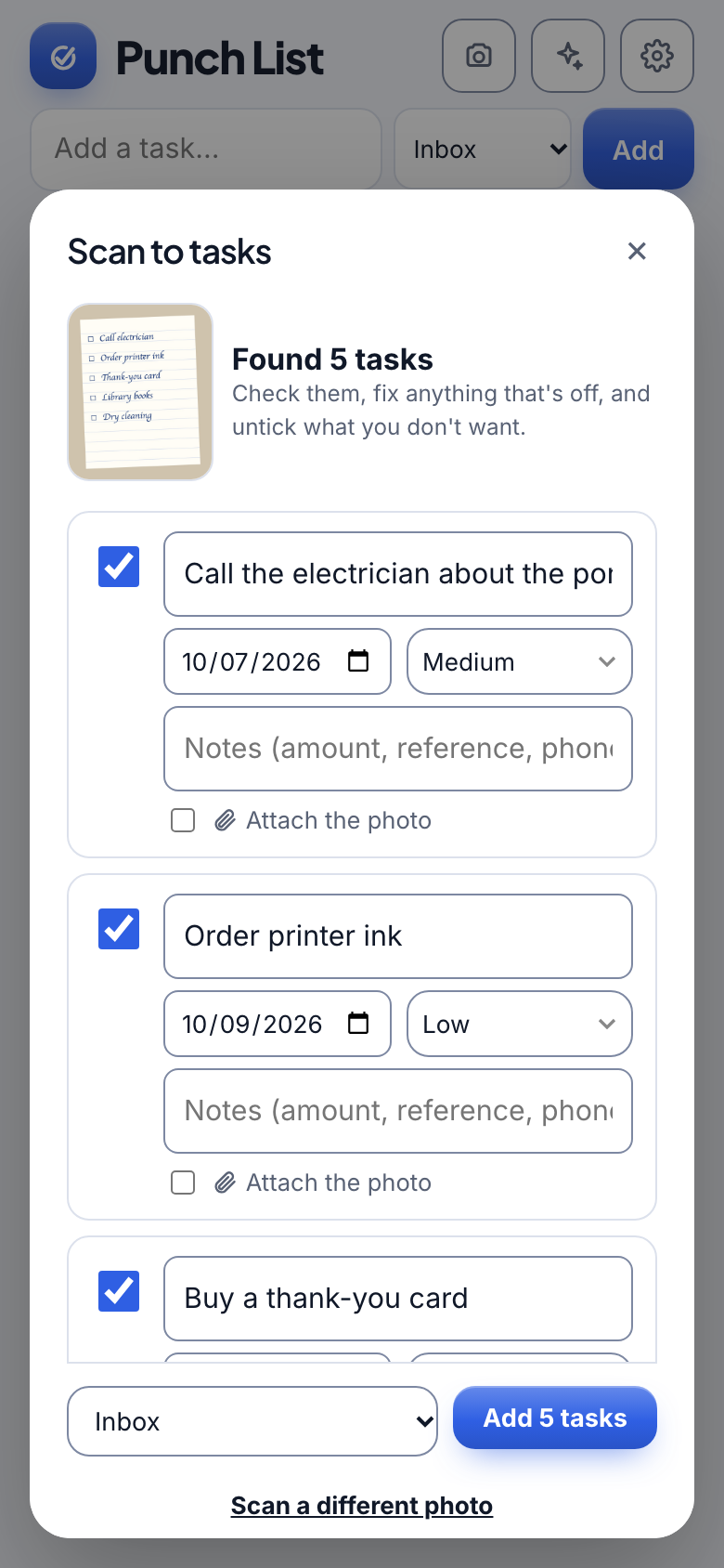 Punch List tasks extracted from a photographed list
