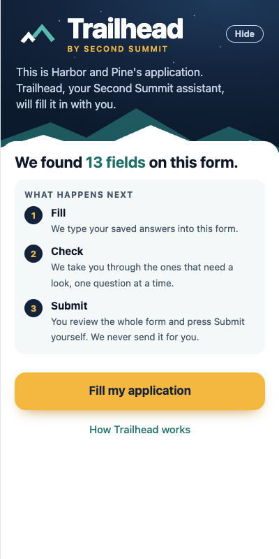 Trailhead’s application assistant showing fill, review, and submit steps.
