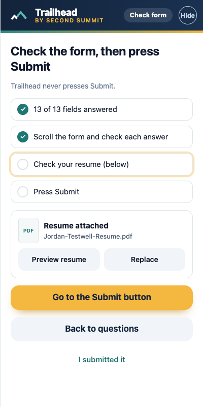 Trailhead after filling the application