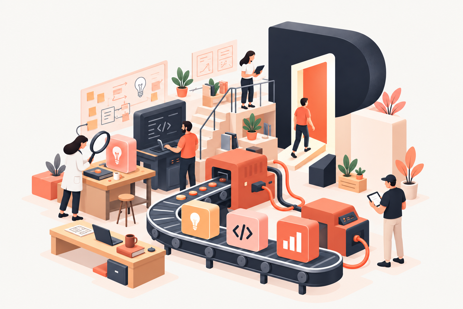 An illustrated software invention lab, with people exploring ideas, building app blocks, and opening a coral door in the PharettaLabs mark.